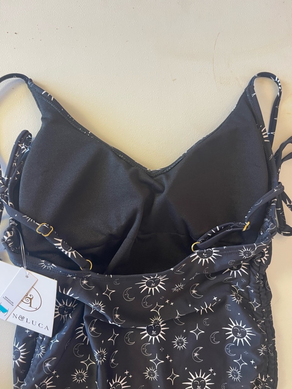 Black One Piece Swimsuit M Sun Moon Stars Whimsigoth Adj Straps Soft Cups NWT - Picture 13 of 14